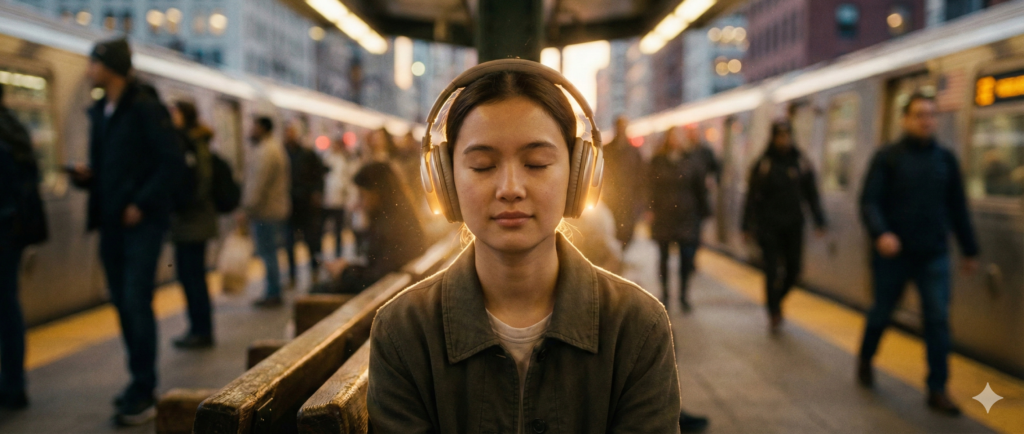 Uma mulher jovem sentada em uma estação de trem, tem uma luz de fundo dela que ilumina a sua silhueta, ela tem o fone de ouvido acoplado na cabeça e está de olhos fechados ouvindo música, pessoas ao fundo andando, dois trens parados na estação um de cada lado.