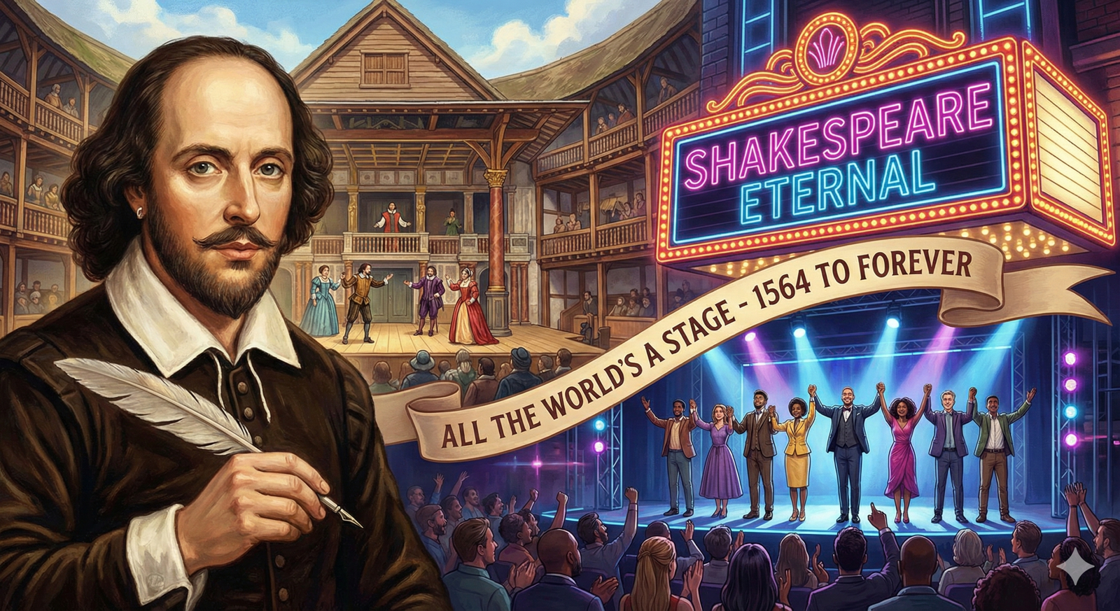 A imagem abaixo ilustra a jornada de Shakespeare, desde o teatro Globe no século XVII até os holofotes da Broadway moderna, mostrando que o mundo inteiro continua sendo o seu palco.
