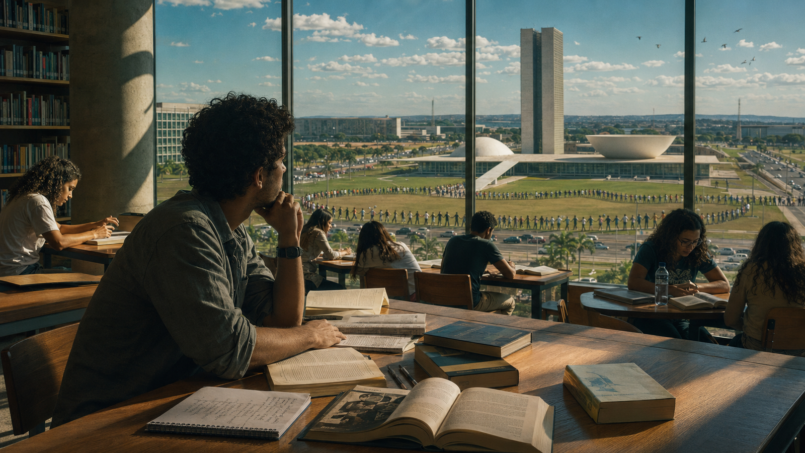 Estudante pensando o futuro do Brasil.