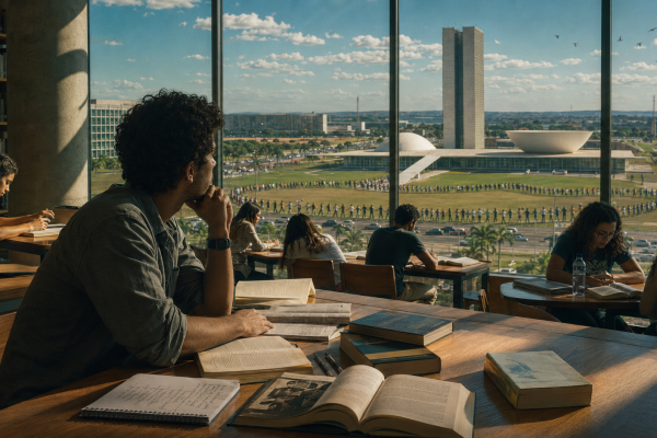 Estudante pensando o futuro do Brasil.