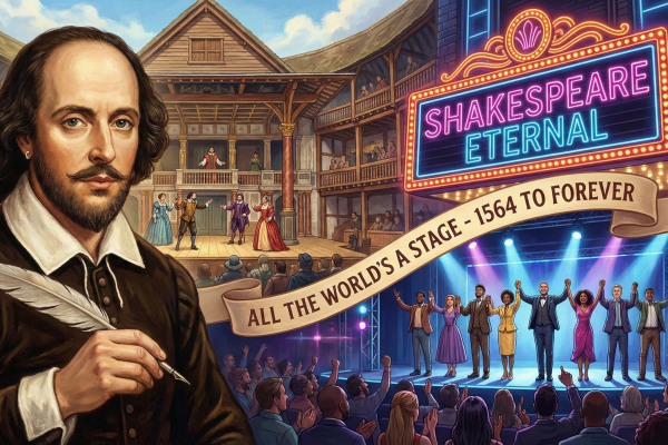 A imagem abaixo ilustra a jornada de Shakespeare, desde o teatro Globe no século XVII até os holofotes da Broadway moderna, mostrando que o mundo inteiro continua sendo o seu palco.